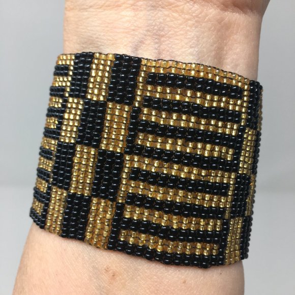 Art Deco Inspired Gold Black Wide Loom Woven Seed Bead Cuff Bracelet - Picture 3 of 16